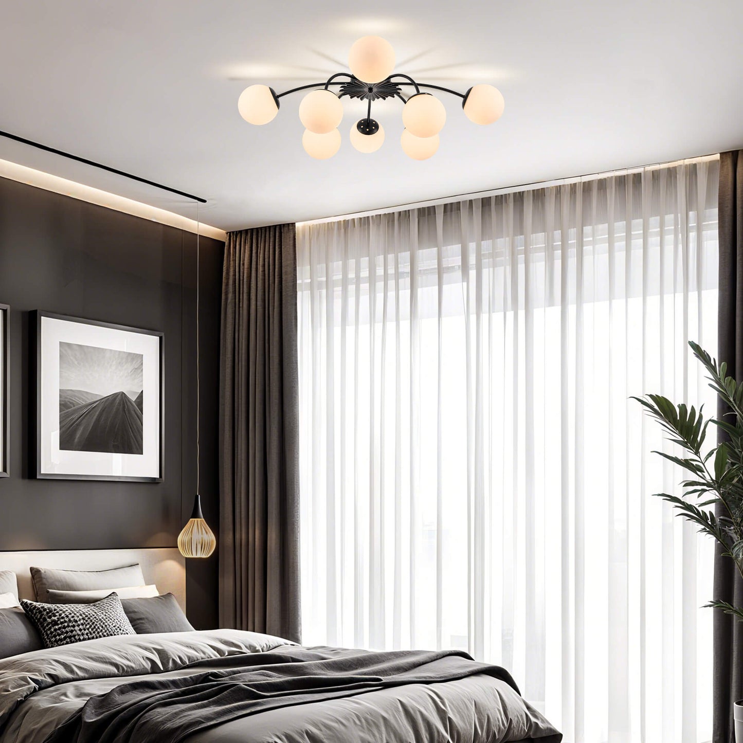 Black globe ceiling light creating soft bedroom lighting
