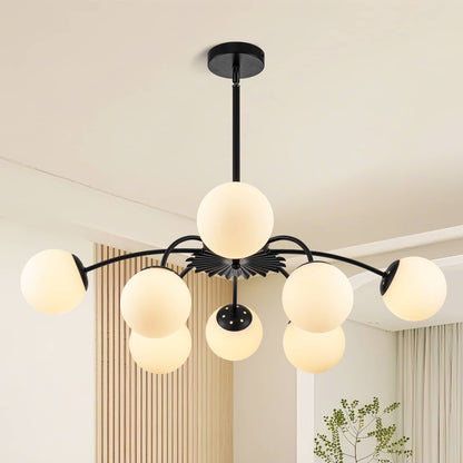 Brushed black modern chandelier with bubble-style frosted globes