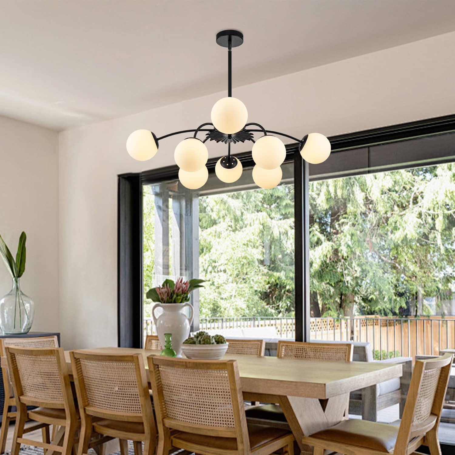 Bubble-style frosted glass chandelier in a contemporary dining room
