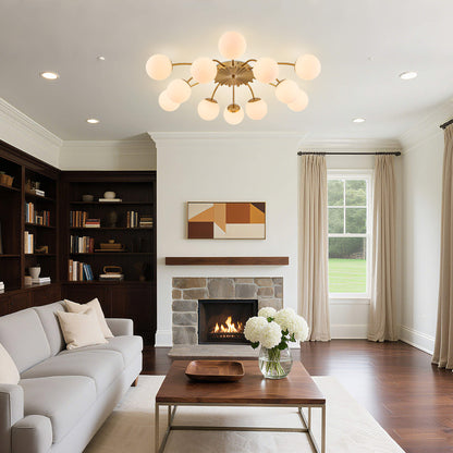 Brass semi-flush mount chandelier illuminating a contemporary living room
