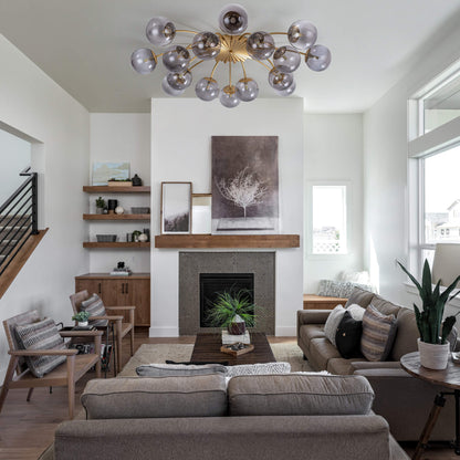 Smoke gray glass chandelier as living room focal lighting
