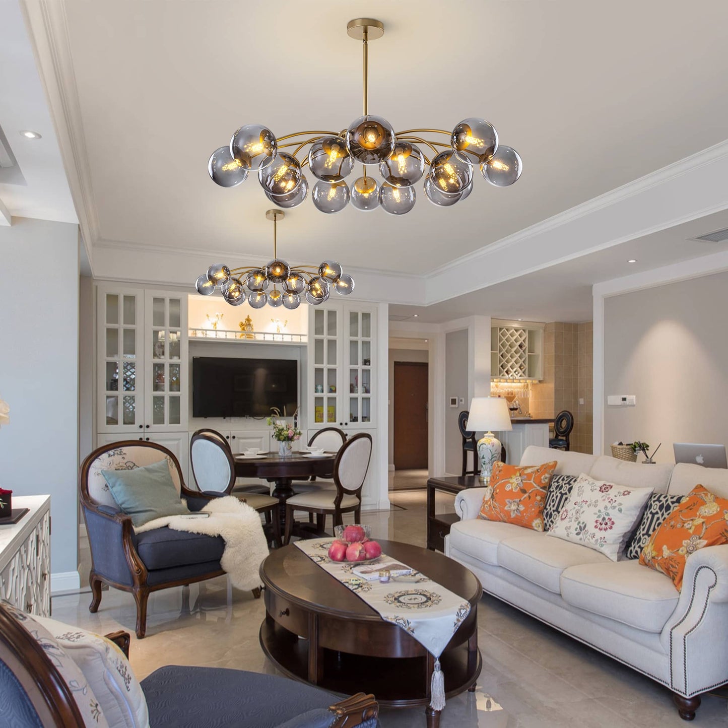 Modern smoke glass chandelier illuminating a contemporary living room