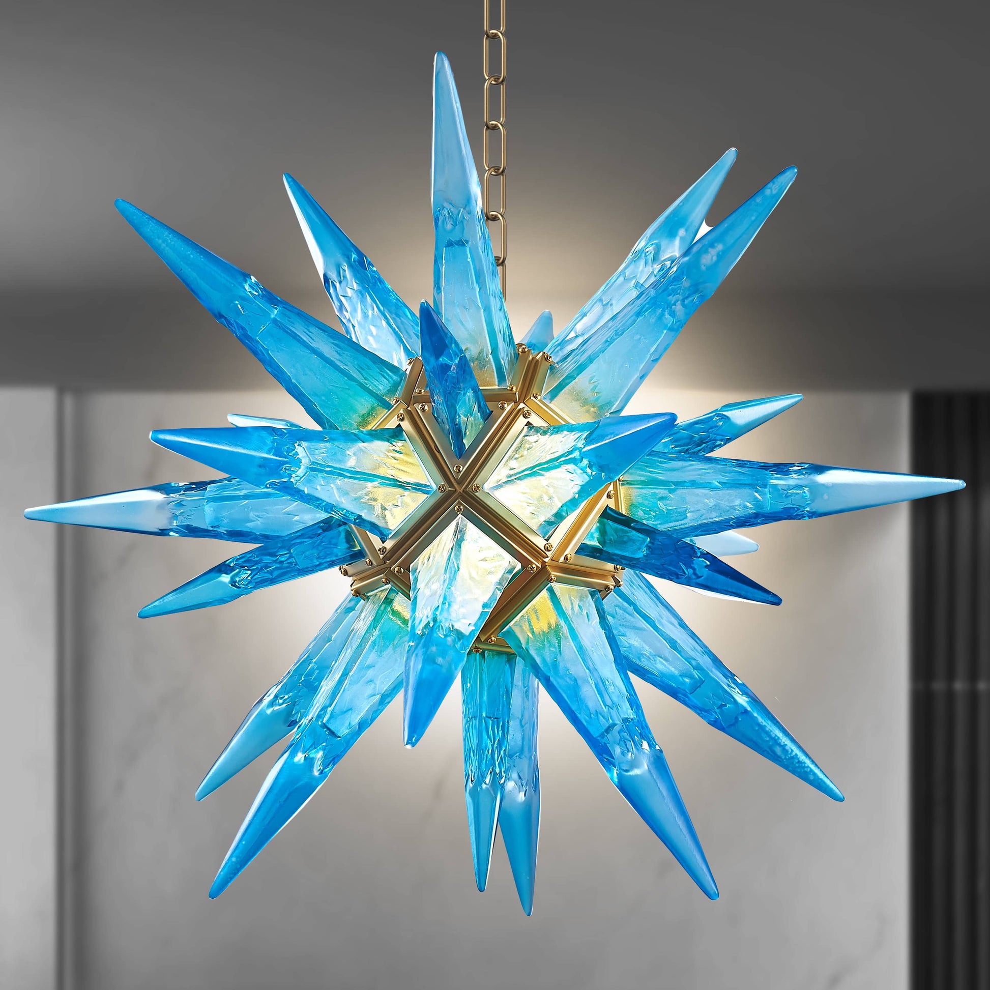 Art Deco Modern Sputnik Chandelier, Blue Ice Pick Blown Geometric Beach Chandeliers