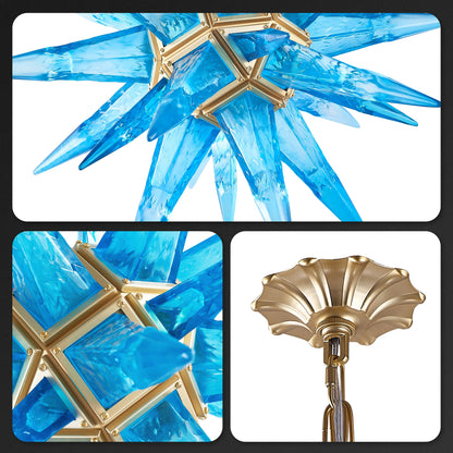 Art Deco Modern Sputnik Chandelier, Blue Ice Pick Blown Geometric Beach Chandeliers