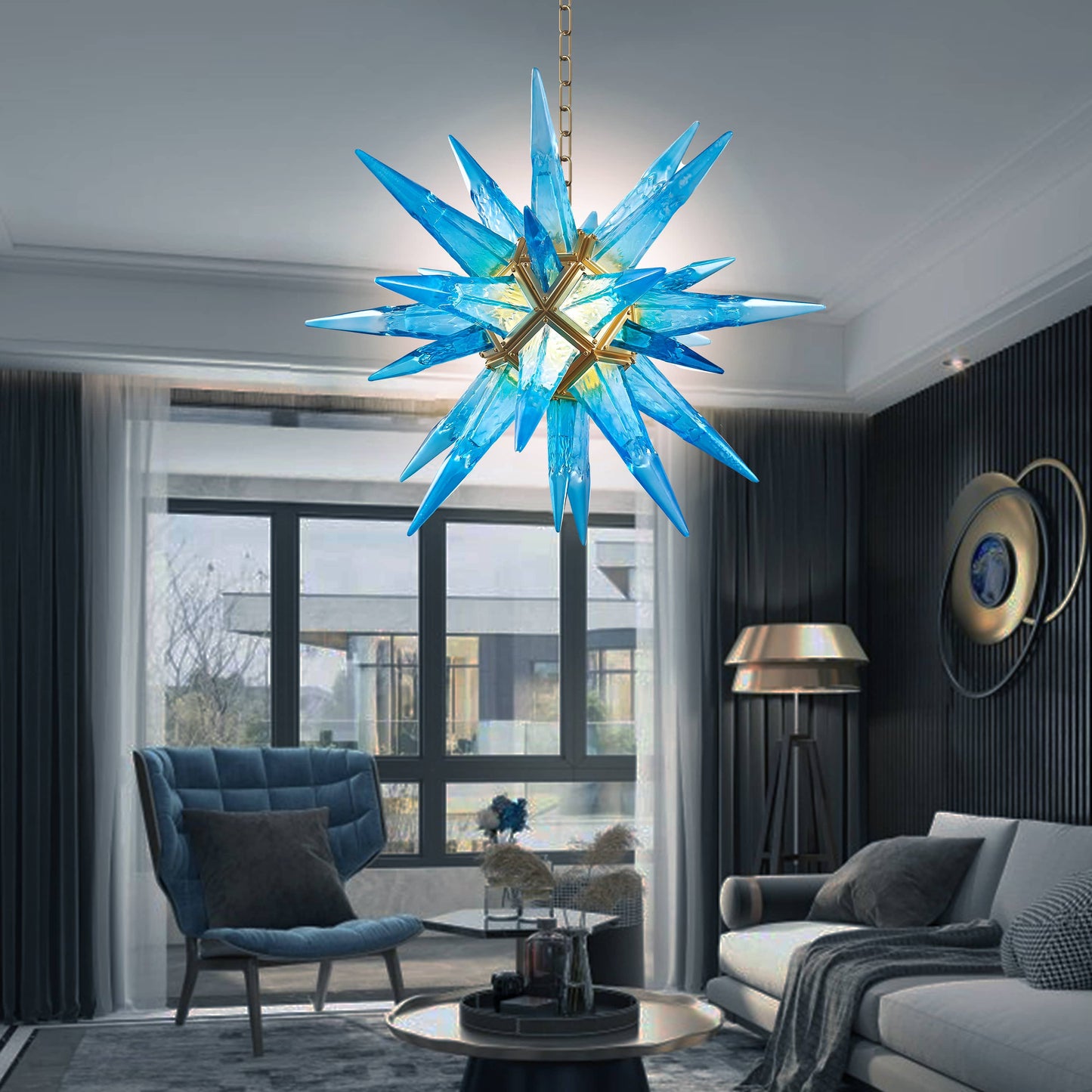 Art Deco Contemporary Sputnik Chandelier, Blue Ice Pick Blown Geometric Beach Chandeliers