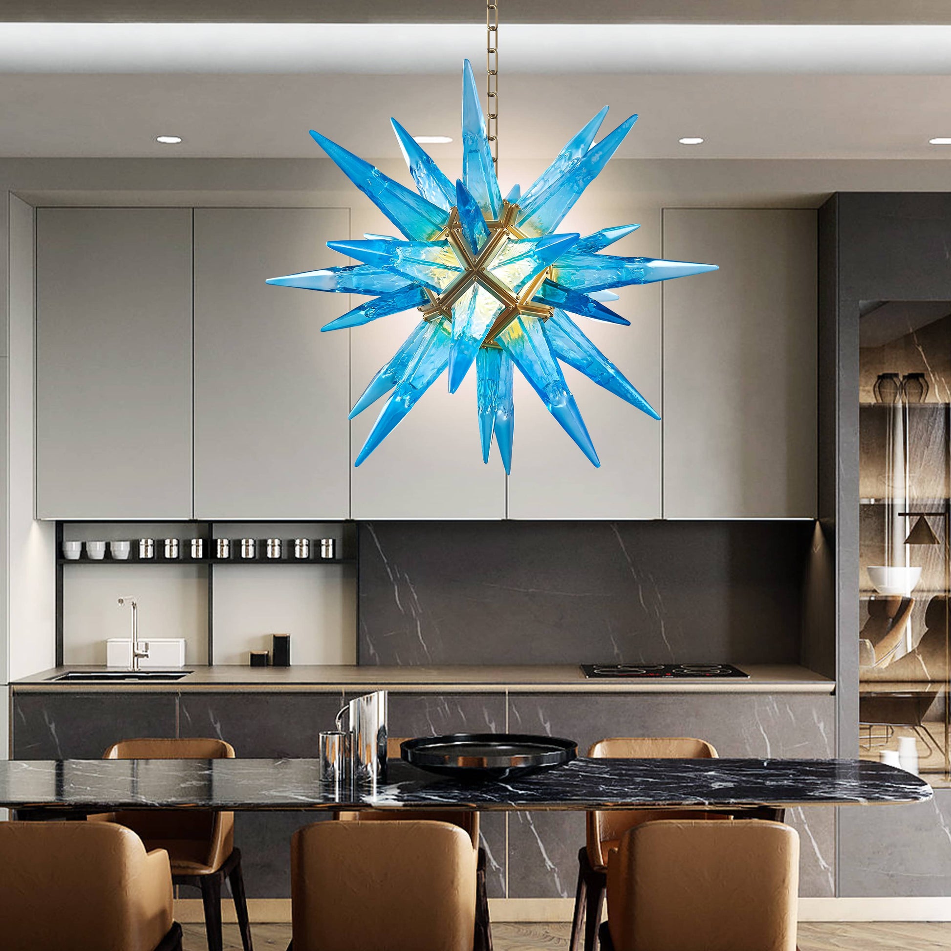 Art Deco Modern Sputnik Chandelier, Blue Ice Pick Blown Geometric Beach Chandeliers