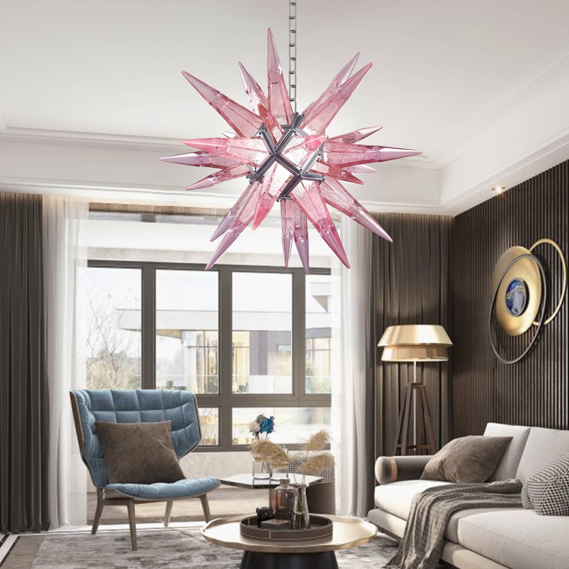 Art Deco Modern Sputnik Chandelier, Pink Ice Pick Blown Geometric Beach Chandeliers