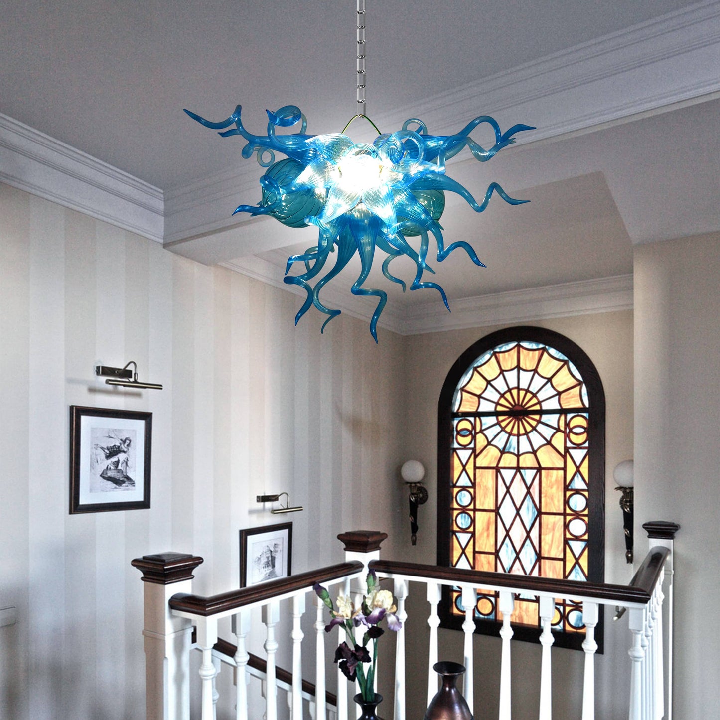 Blown Glass Chandeliers Chihuly Style Blue Color