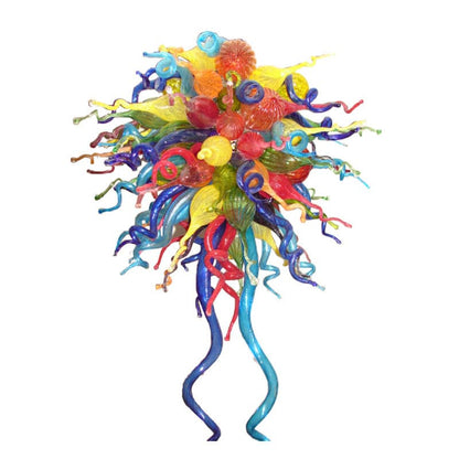 Rainbow Symphony Murano style chandelier featuring a vibrant explosion of multi-colored hand-blown glass tendrils.