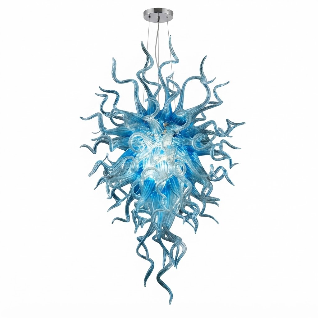 Blown Glass Chandelier Ice Blue Chihuly Style Art Glass Pendant Light