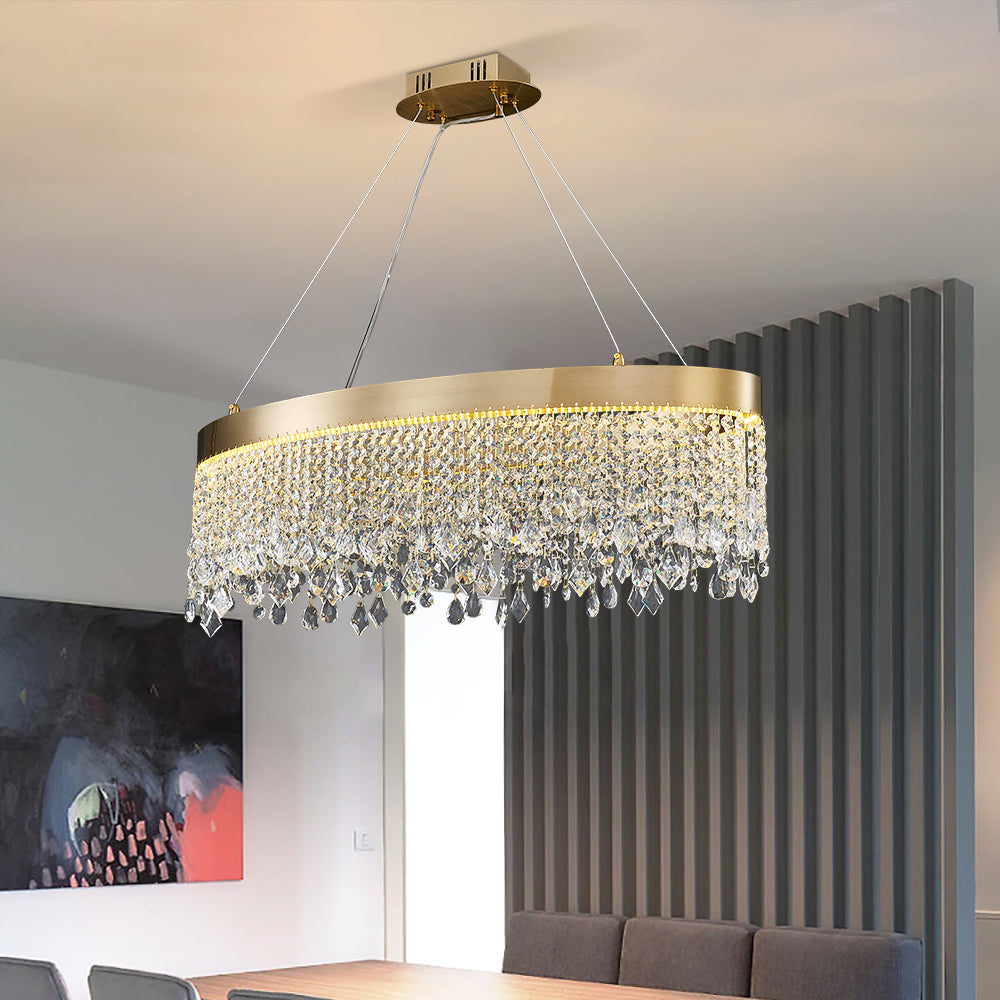 Modern Chandelier Matte Gold Oval Frame Crystal Pendants