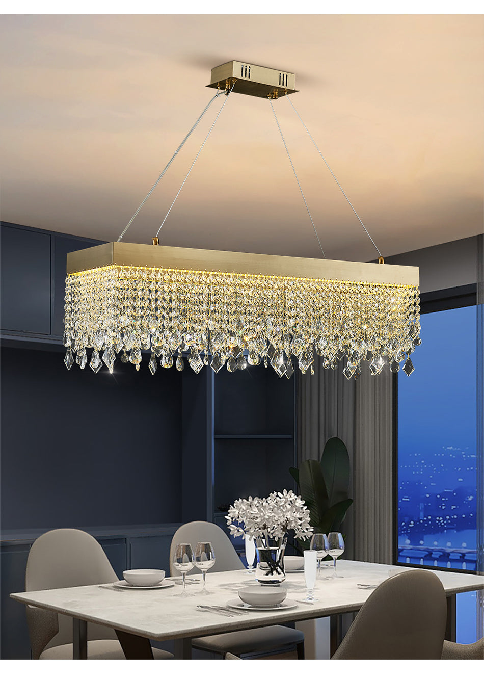 Modern Chandelier Matte Gold Rectangle Frame Crystal Pendants