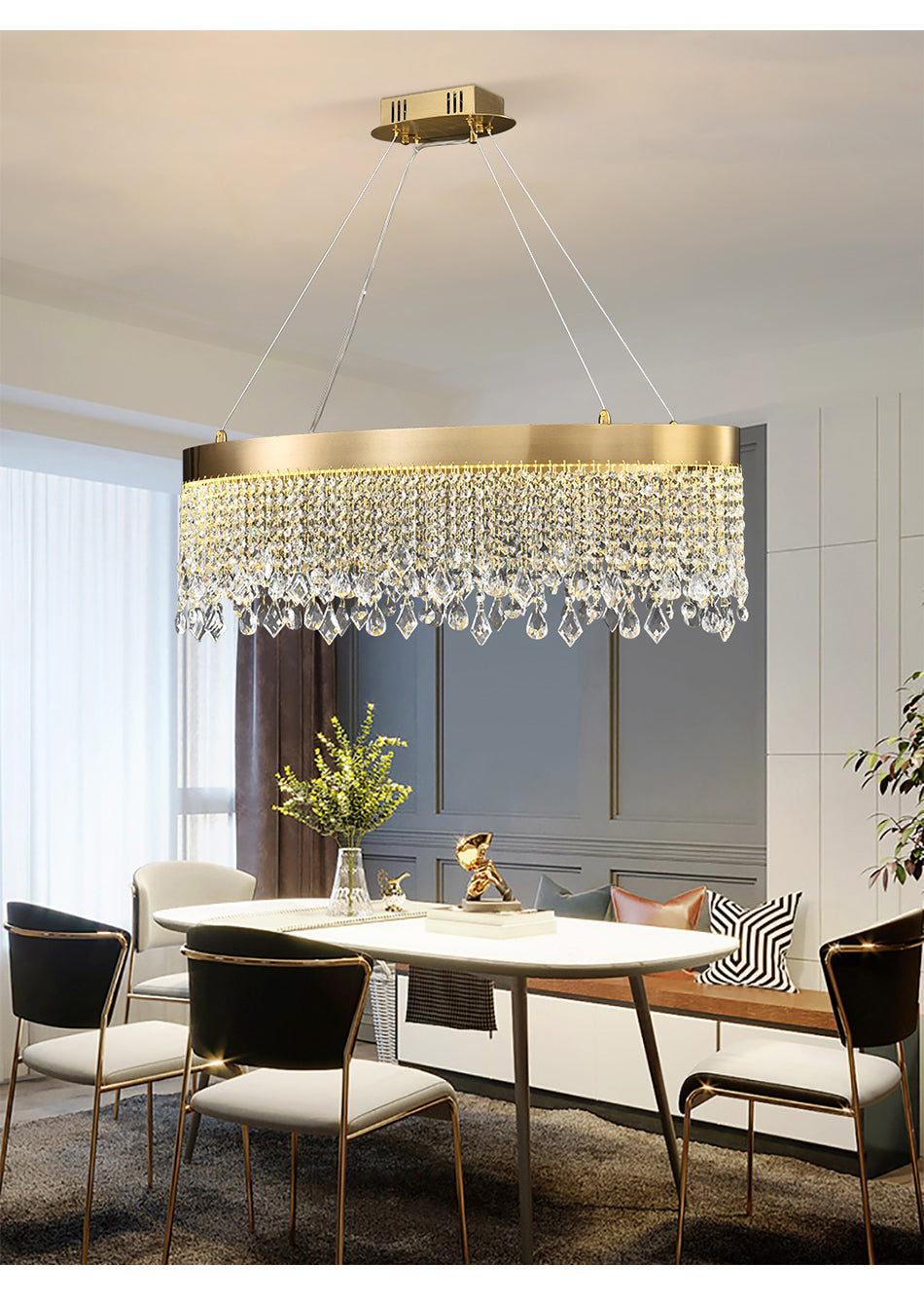 Modern Chandelier Matte Gold Rectangle Frame Crystal Pendants