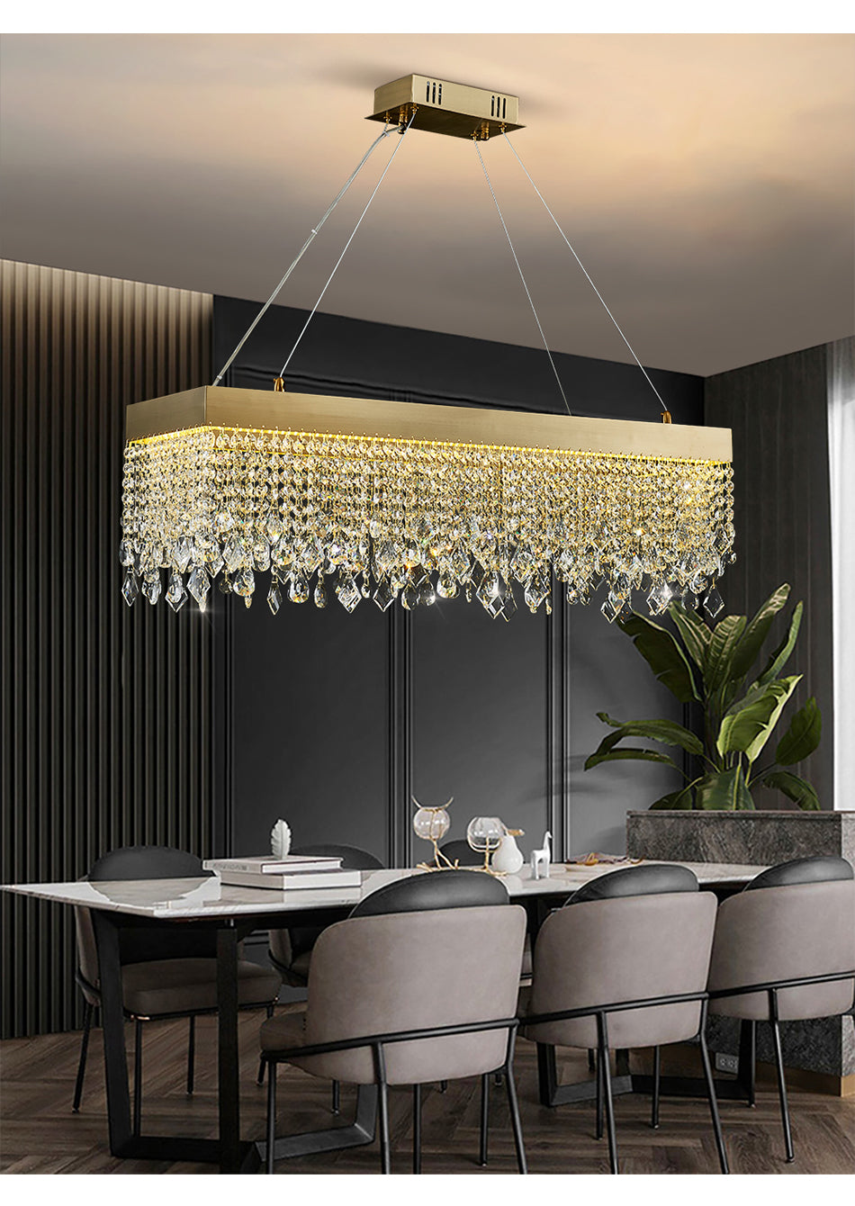 Modern Chandelier Matte Gold Rectangle Frame Crystal Pendants