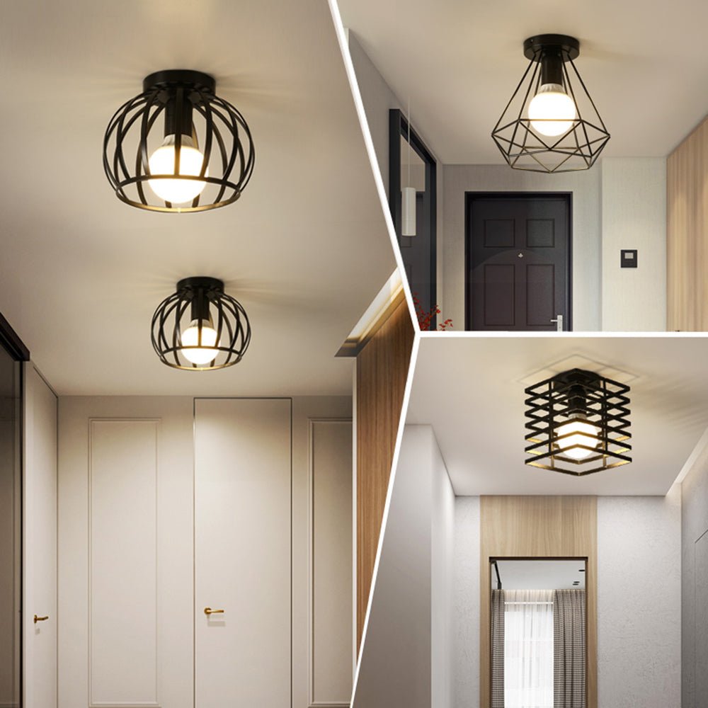 Retro Ceiling Light Black Iron Cage LED Decor