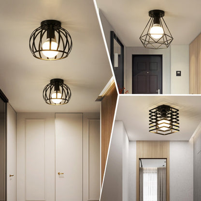 Retro Ceiling Light Black Iron Cage LED Decor