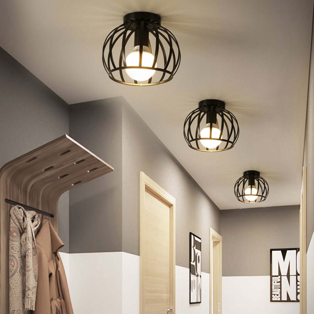 Retro Ceiling Light Black Iron Cage LED Decor