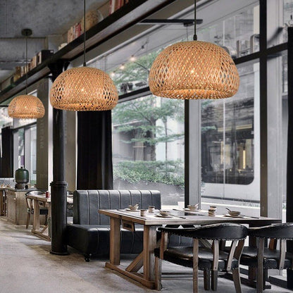 Bamboo Wicker Rattan Dome Lampshade Hand-Woven Pendant Light For Dining Table