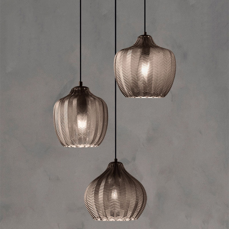 Modern Pendant Amber/Gray Rib Textured Glass LED Island Pendant Lamp