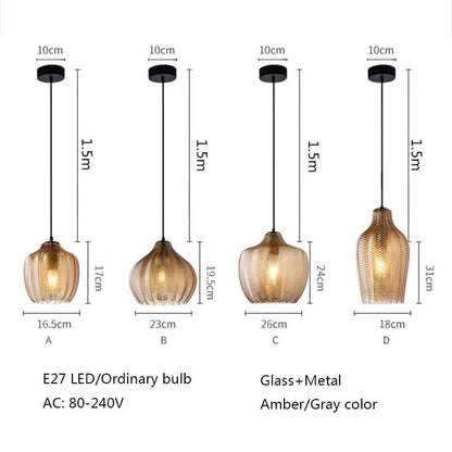 Modern Pendant Amber/Gray Rib Textured Glass LED Island Hanging Light