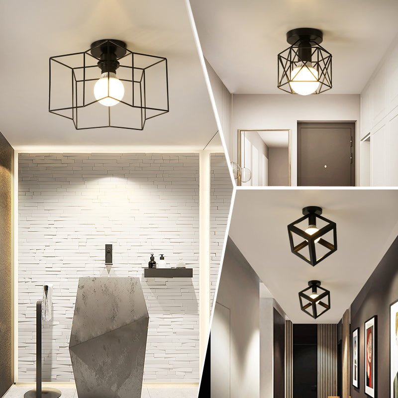 Retro Ceiling Light Black Iron Caged LED Decor