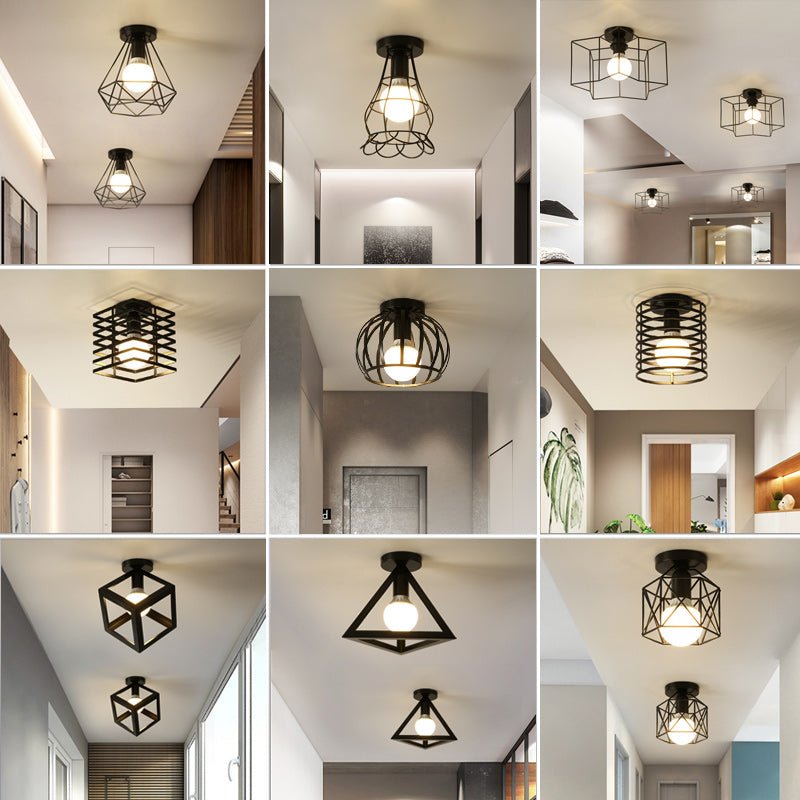 Retro Ceiling Light Black Iron Caged LED Decor