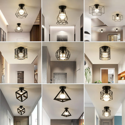 Retro Ceiling Light Black Iron Caged LED Decor