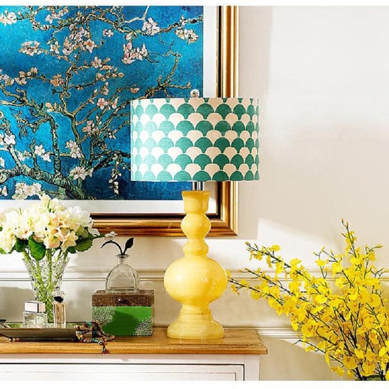 Vintage 1990s style yellow ceramic table lamp with green scale shade