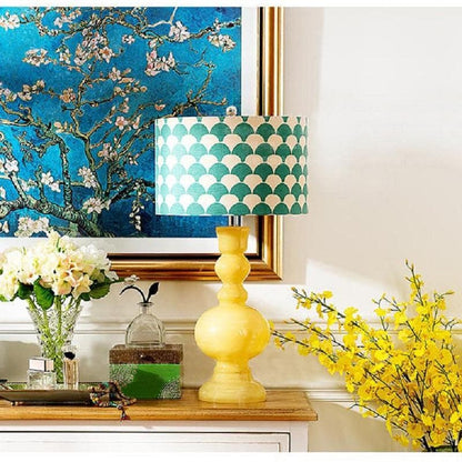 Vintage 1990s style yellow ceramic table lamp with green scale shade