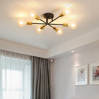 Minimalist 6-light semi flush mount chandelier in brushed brass, perfect for low ceiling living room lighting.