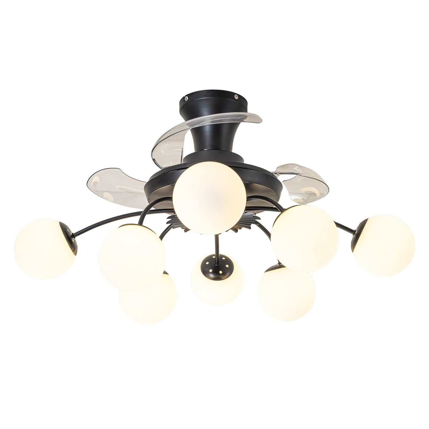 Modern Black Chandelier Fan with 8 Globe Lights & Remote
