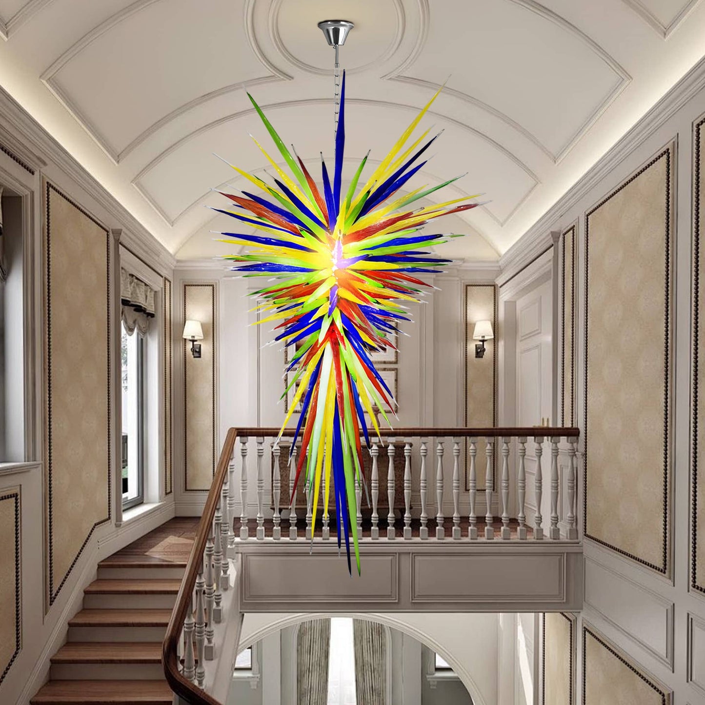 Customizable long-drop colorful glass chandelier for grand entryway and luxury hallway.