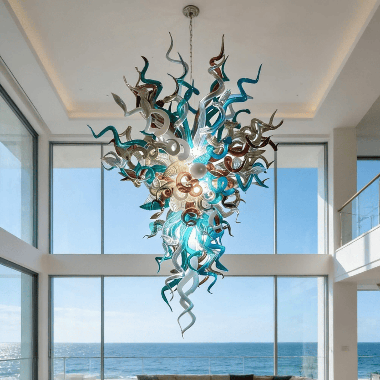 Blue and teal handblown glass chandelier with twisting sculptural arms and artistic modern ceiling light design