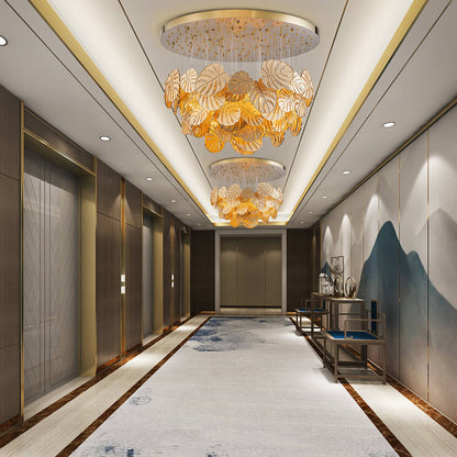 Sparkling, metallic leaf-shaped chandelier for a stylish living room.
