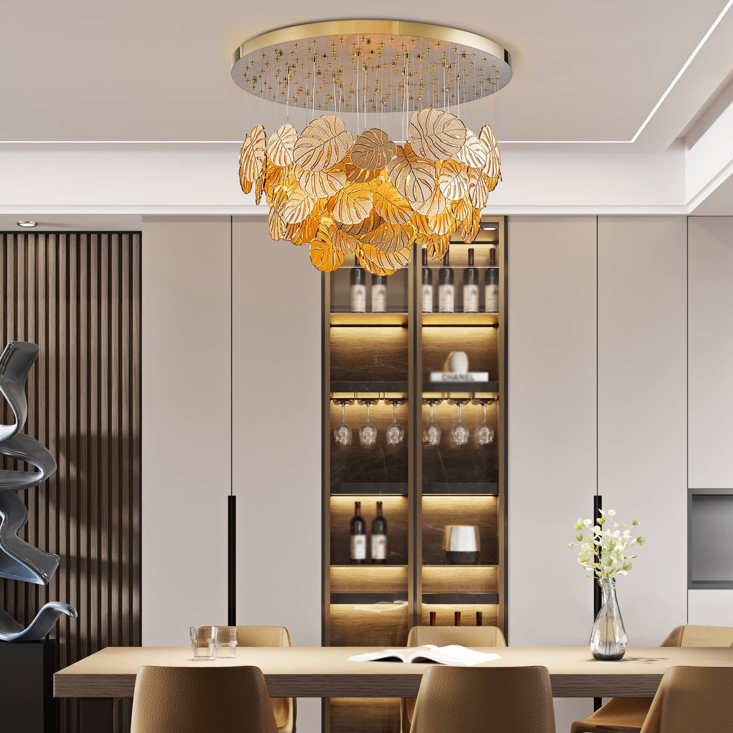 Interior lighting design with a large, statement gold chandelier.