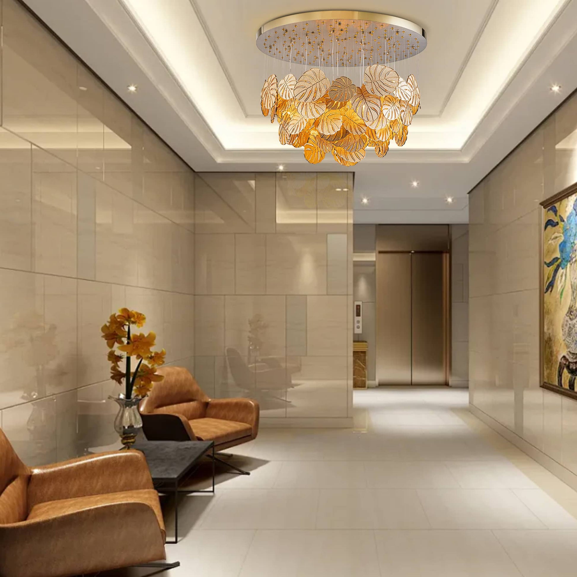 Gold-finished, ornate chandelier with intricate leaf-shaped light fixtures.
