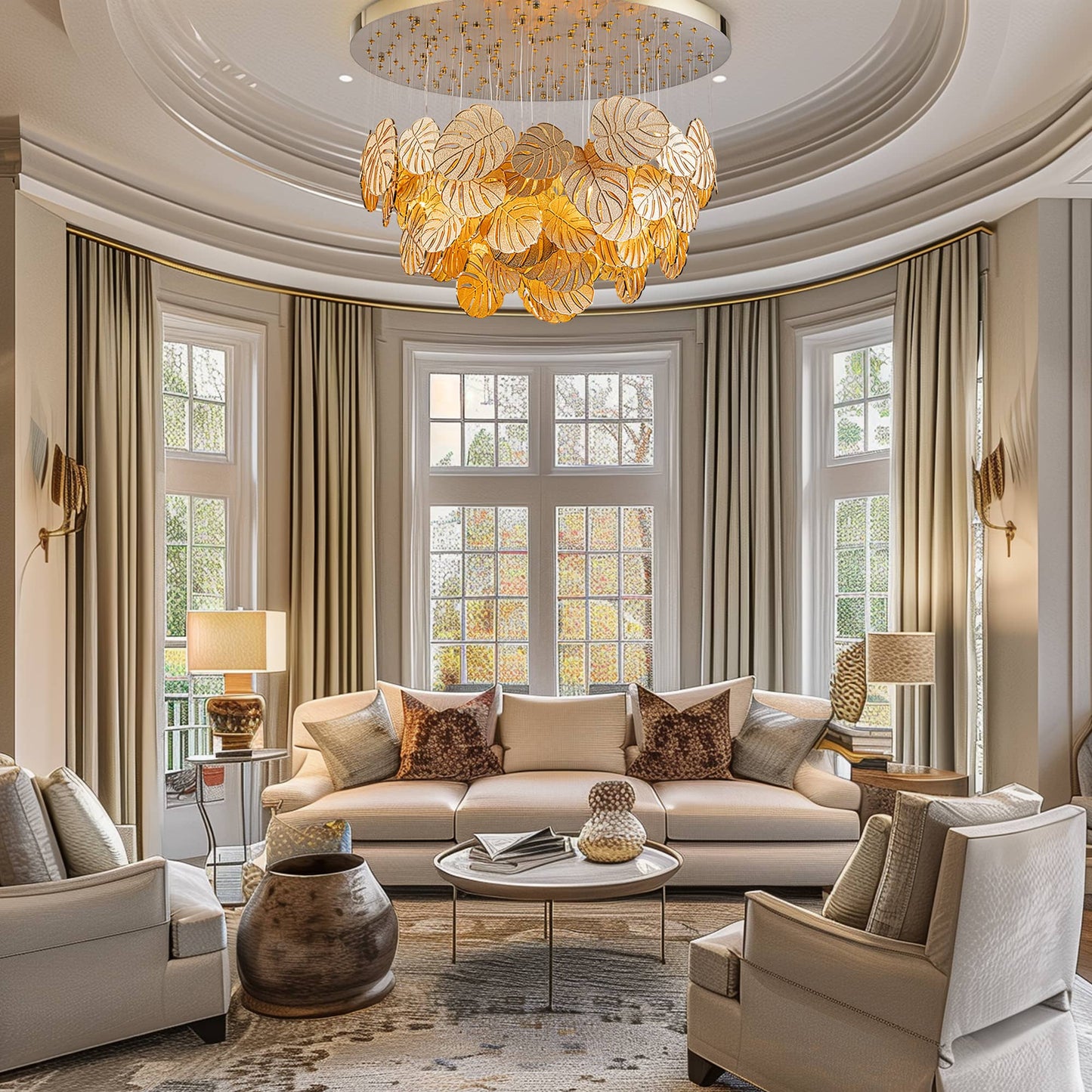 Modern luxury chandelier featuring layered, golden monstera leaves.
