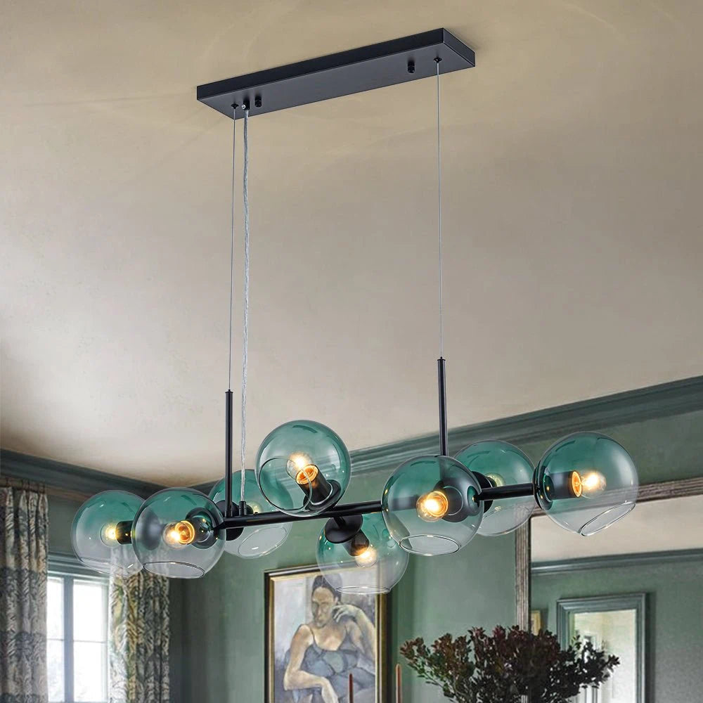 8-Light Color Tinted Glass Globe Bubble Linear Chandelier, Modern Island Pendant Light Fixture for Dining Room and Kitchen