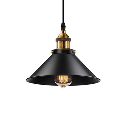 Vintage matte black single pendant light with antique brass socket detail.