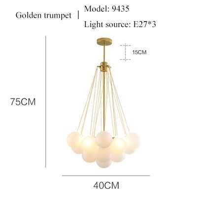 Size specification chart for the large 40cm gold frame globe pendant light showing adjustable chain length.