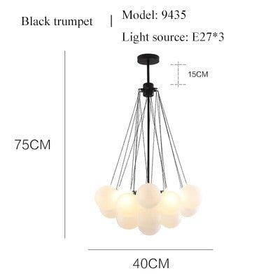 Technical dimension drawing for the 40cm black frame frosted glass chandelier with a 75cm total height.