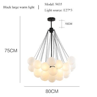 Technical dimension drawing for the 80cm black frame frosted glass chandelier with a 75cm total height.