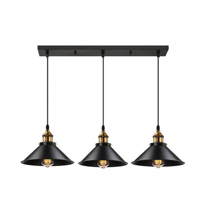Industrial 3-light linear pendant fixture with matte black cone shades.