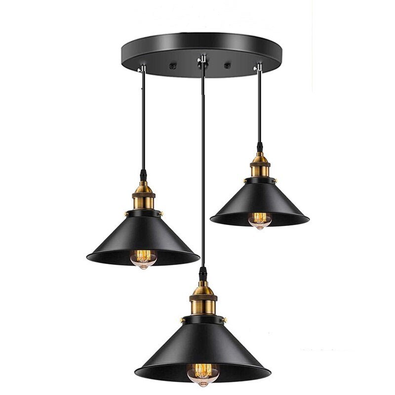 Modern industrial cluster pendant lamp with three adjustable black shades.