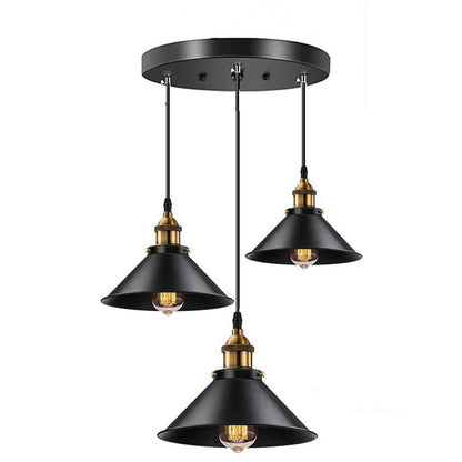 Modern industrial cluster pendant lamp with three adjustable black shades.