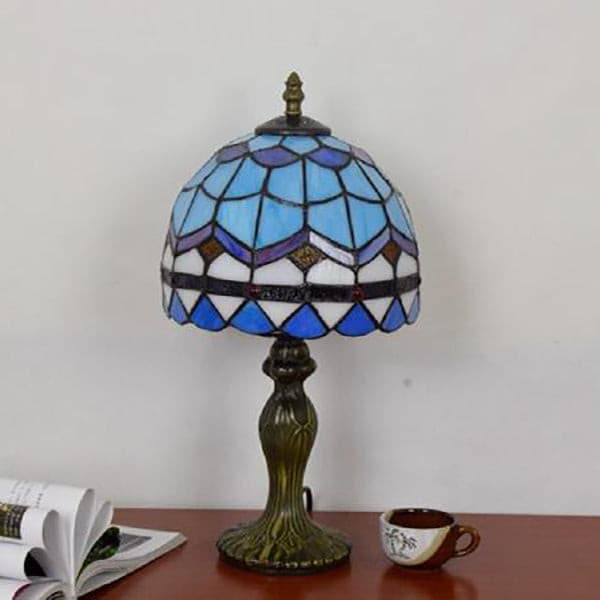 Art Deco style blue Tiffany lamp for bedroom desk lighting and home office decor.