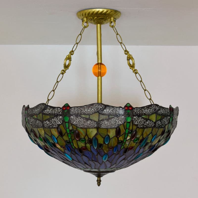 Tiffany style dragonfly pendant light with blue stained glass shade