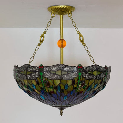 Tiffany style dragonfly pendant light with blue stained glass shade
