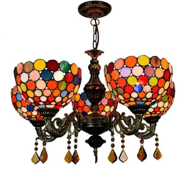 Tiffany style 5-light chandelier with colorful polka dot stained glass shades and crystal pendants.