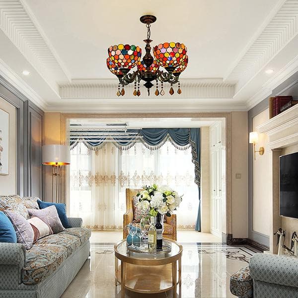 Handcrafted multi-color beaded glass lampshade featuring red, blue, and amber circular glass pieces.